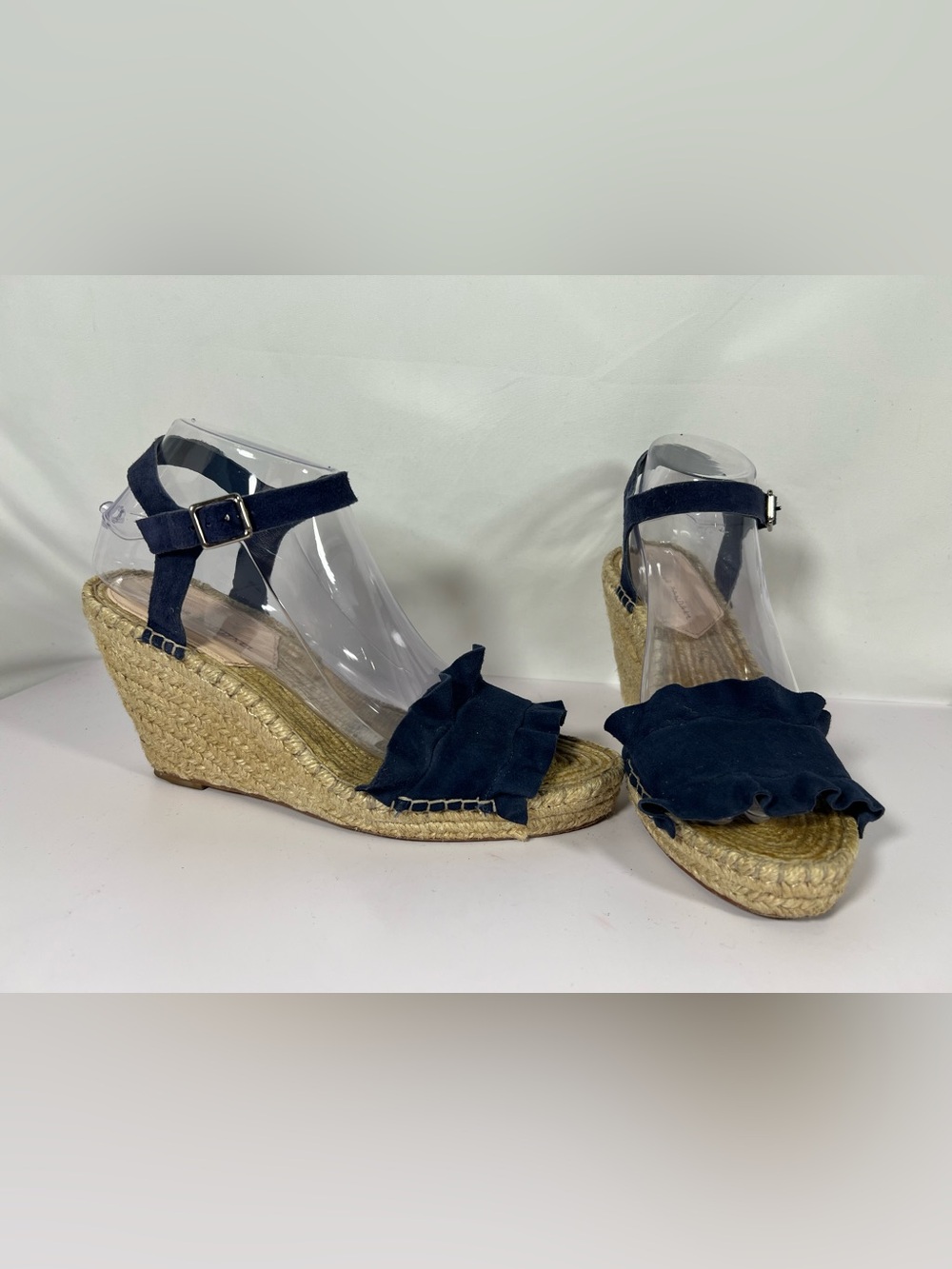7054: Loeffler Randall Navy Suede Ruffle Espadrille Wedge Sandals Size 8.5